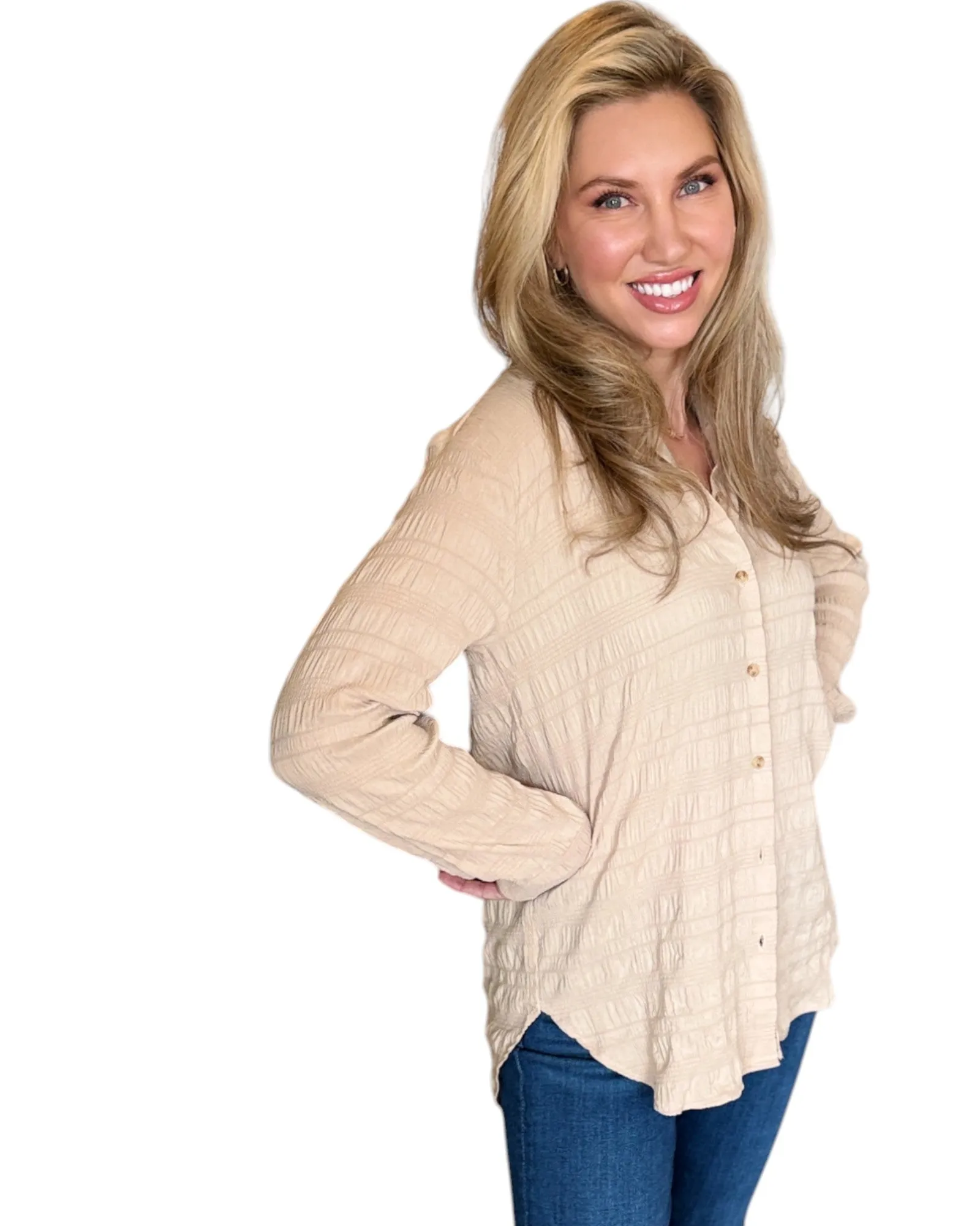 Almond Textured Button-Down Long Sleeve Top