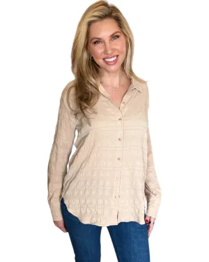 Almond Textured Button-Down Long Sleeve Top