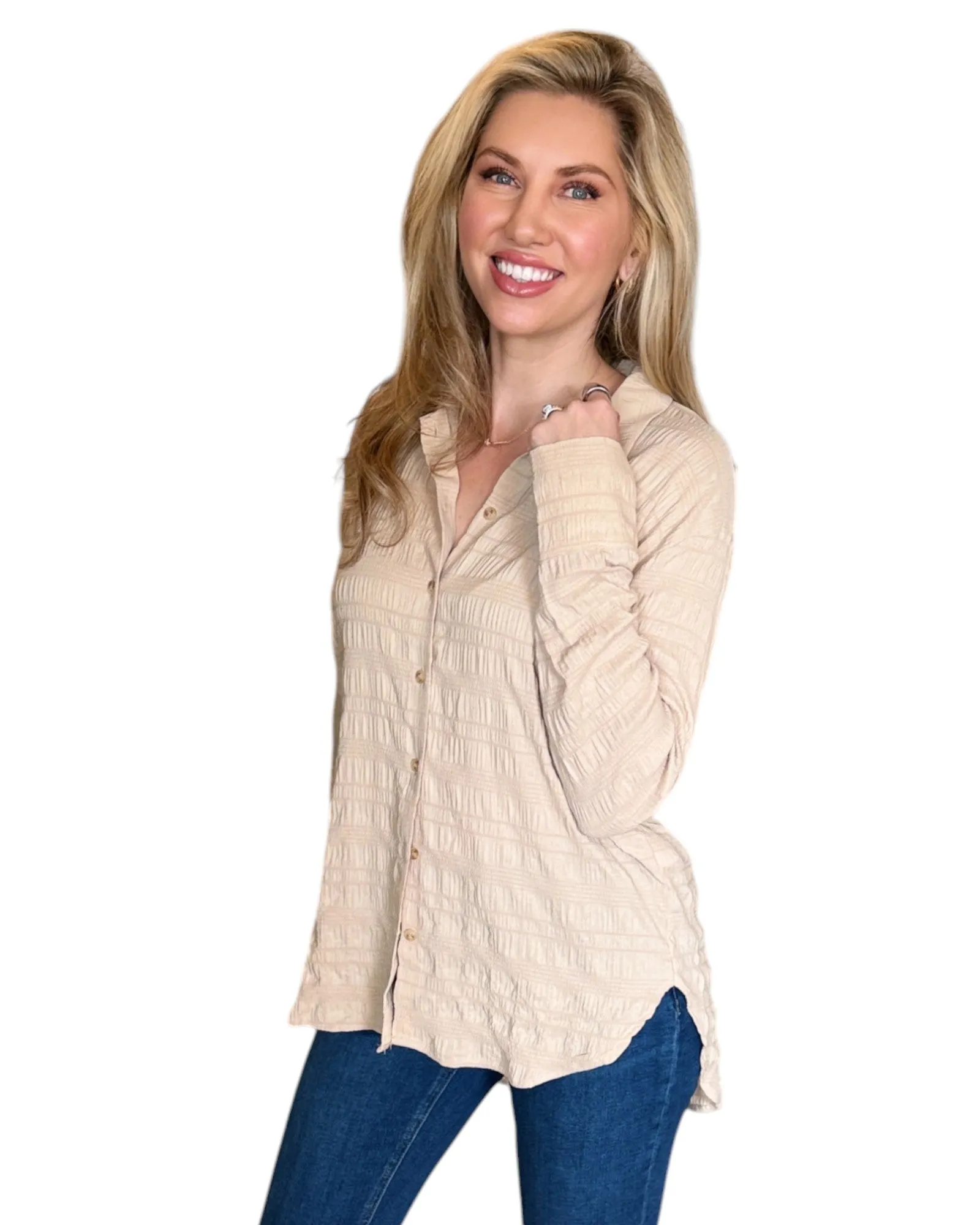 Almond Textured Button-Down Long Sleeve Top