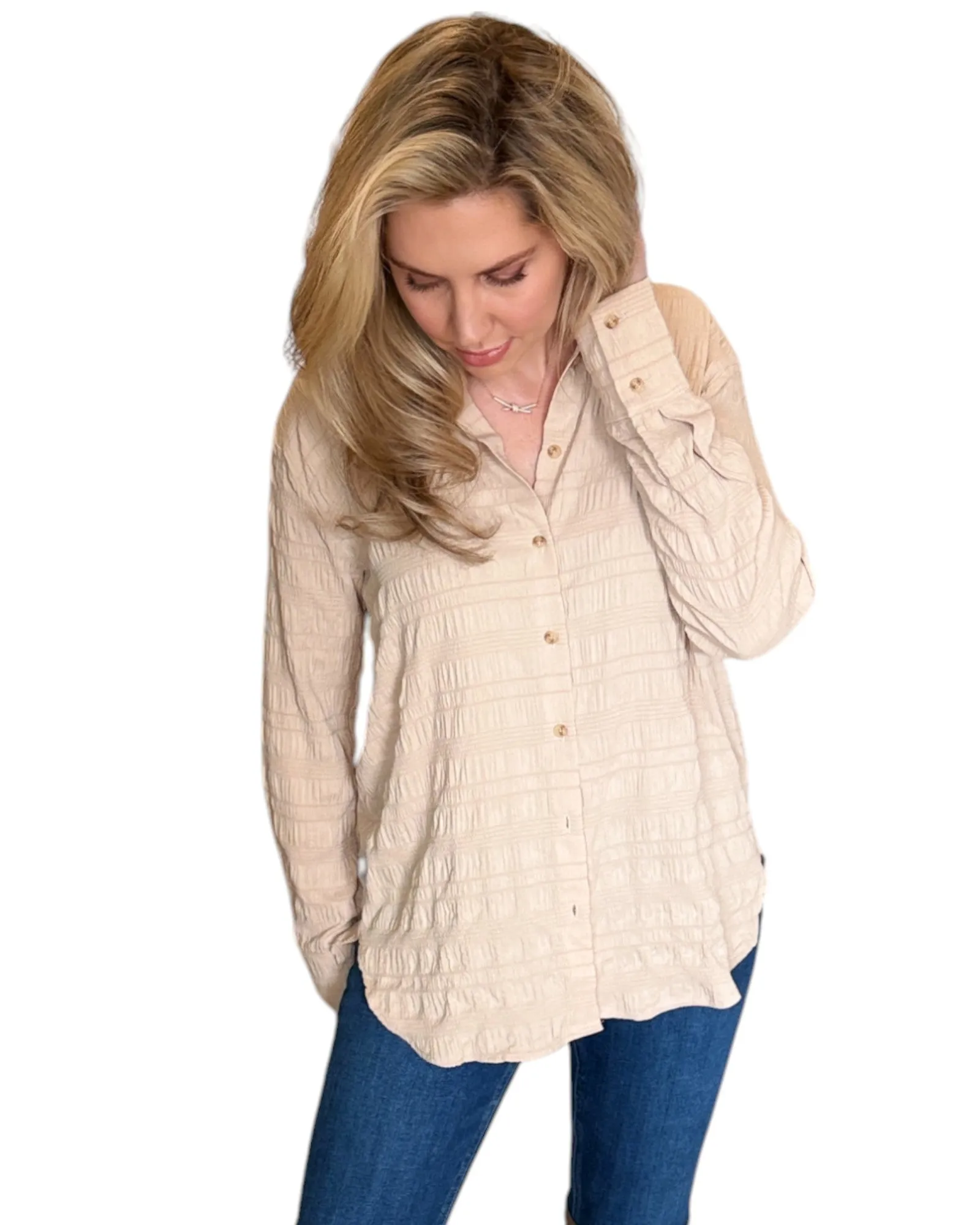 Almond Textured Button-Down Long Sleeve Top