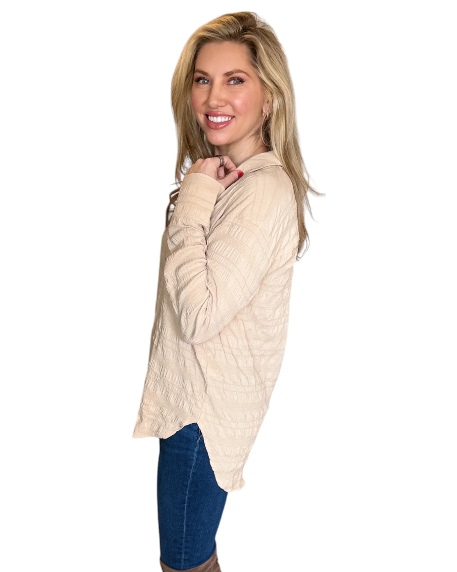 Almond Textured Button-Down Long Sleeve Top