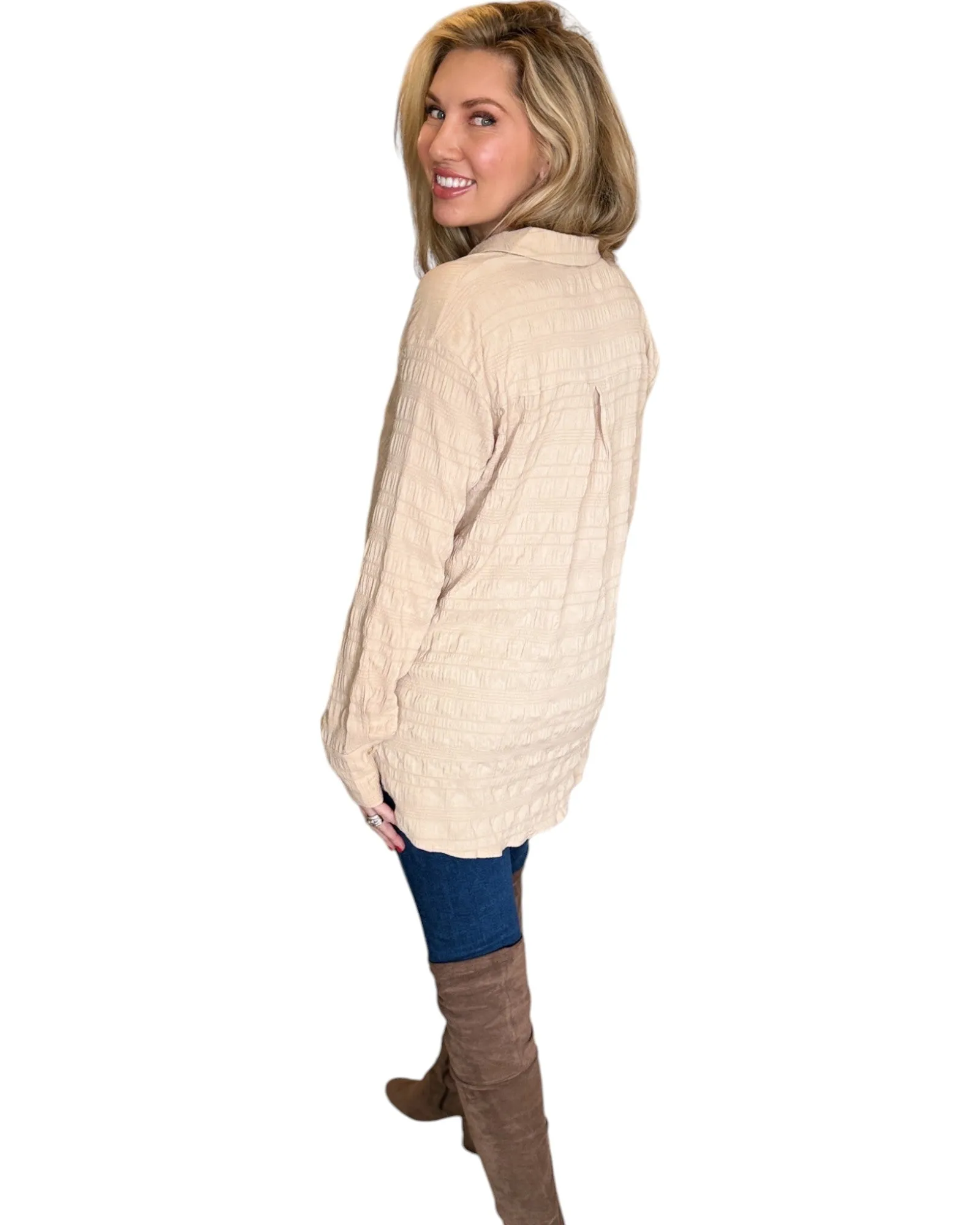 Almond Textured Button-Down Long Sleeve Top