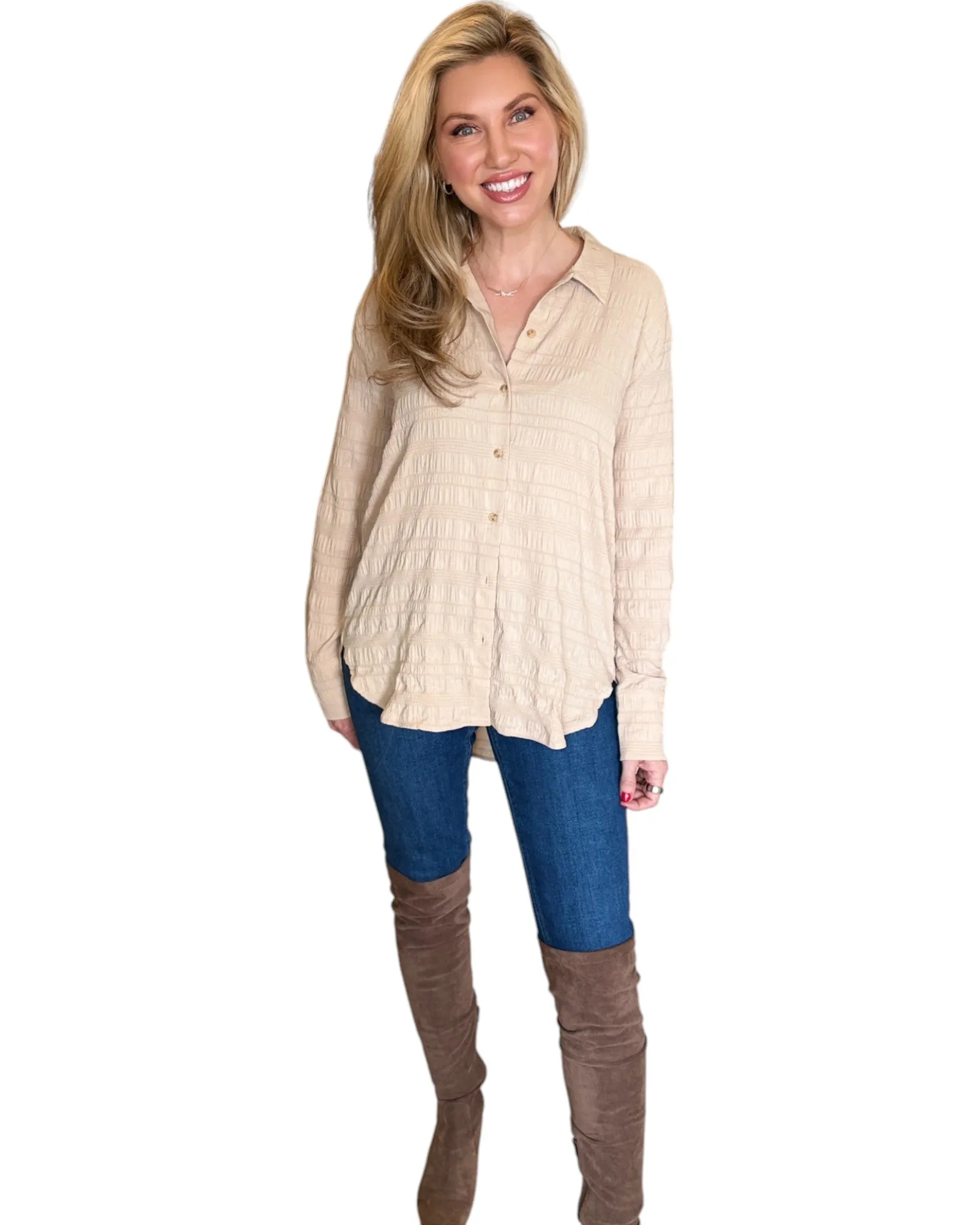 Almond Textured Button-Down Long Sleeve Top
