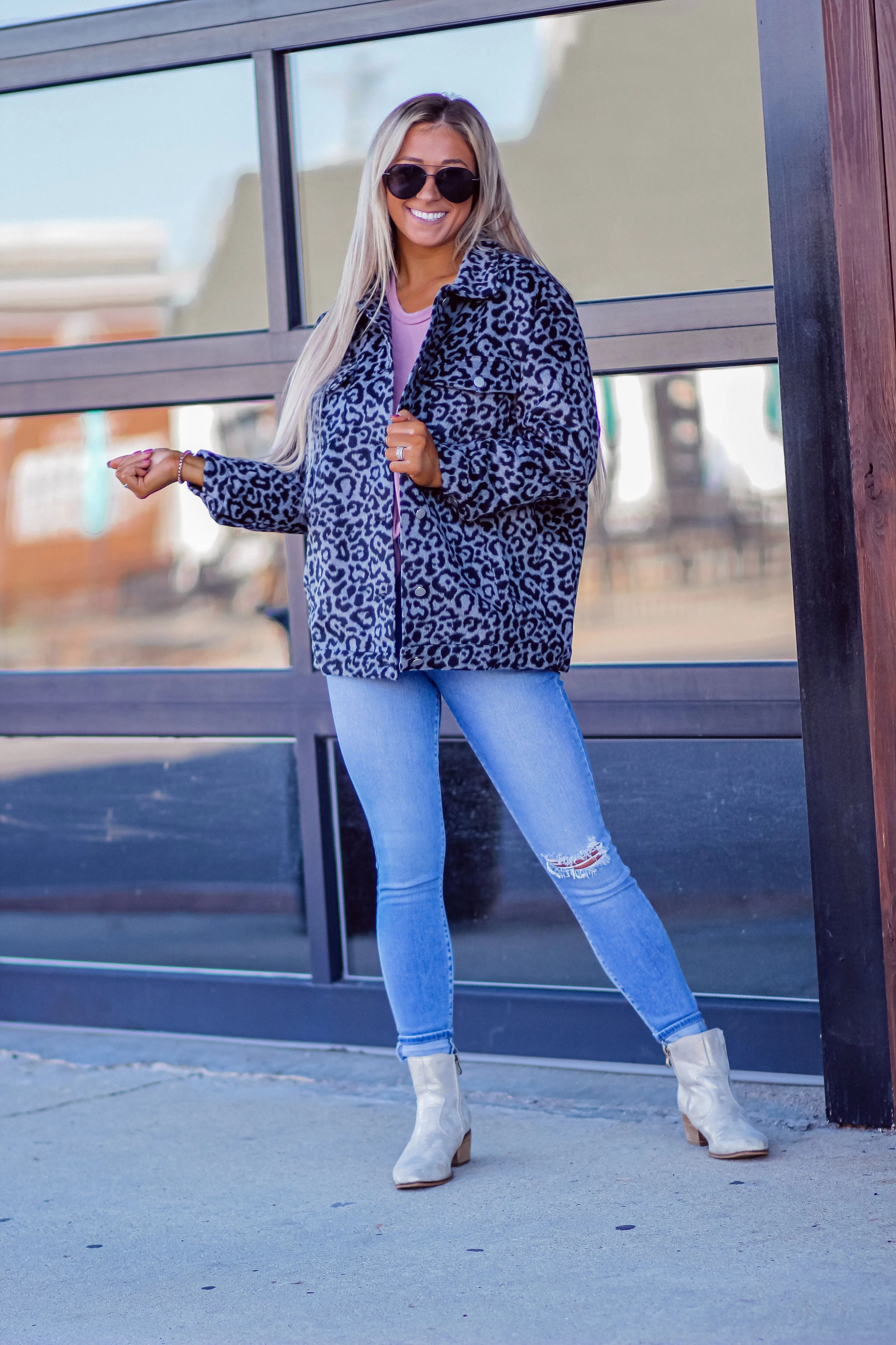 Charcoal Leopard Wool Textured Jacket