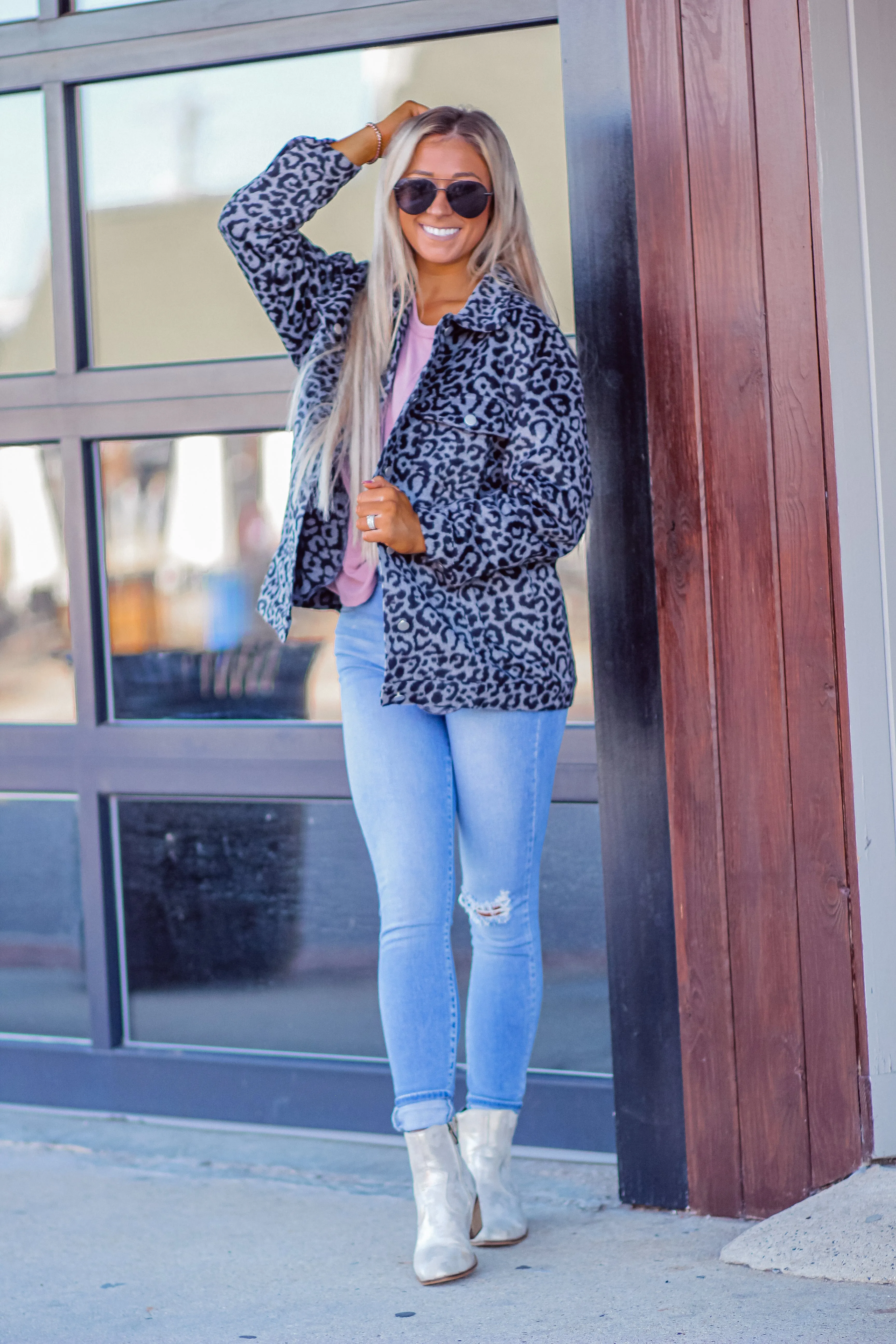 Charcoal Leopard Wool Textured Jacket