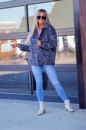 Charcoal Leopard Wool Textured Jacket