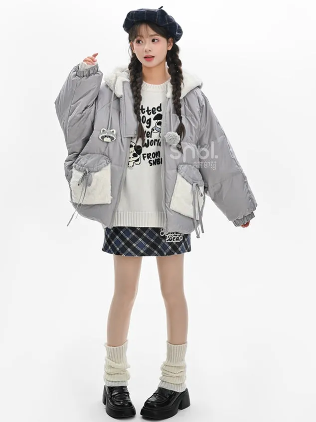 Cute Raccoon Plush Hood Grey Hooded Down Jacket