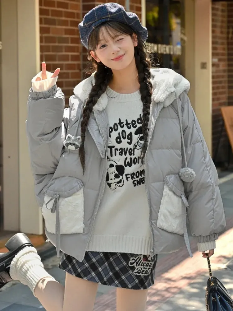 Cute Raccoon Plush Hood Grey Hooded Down Jacket