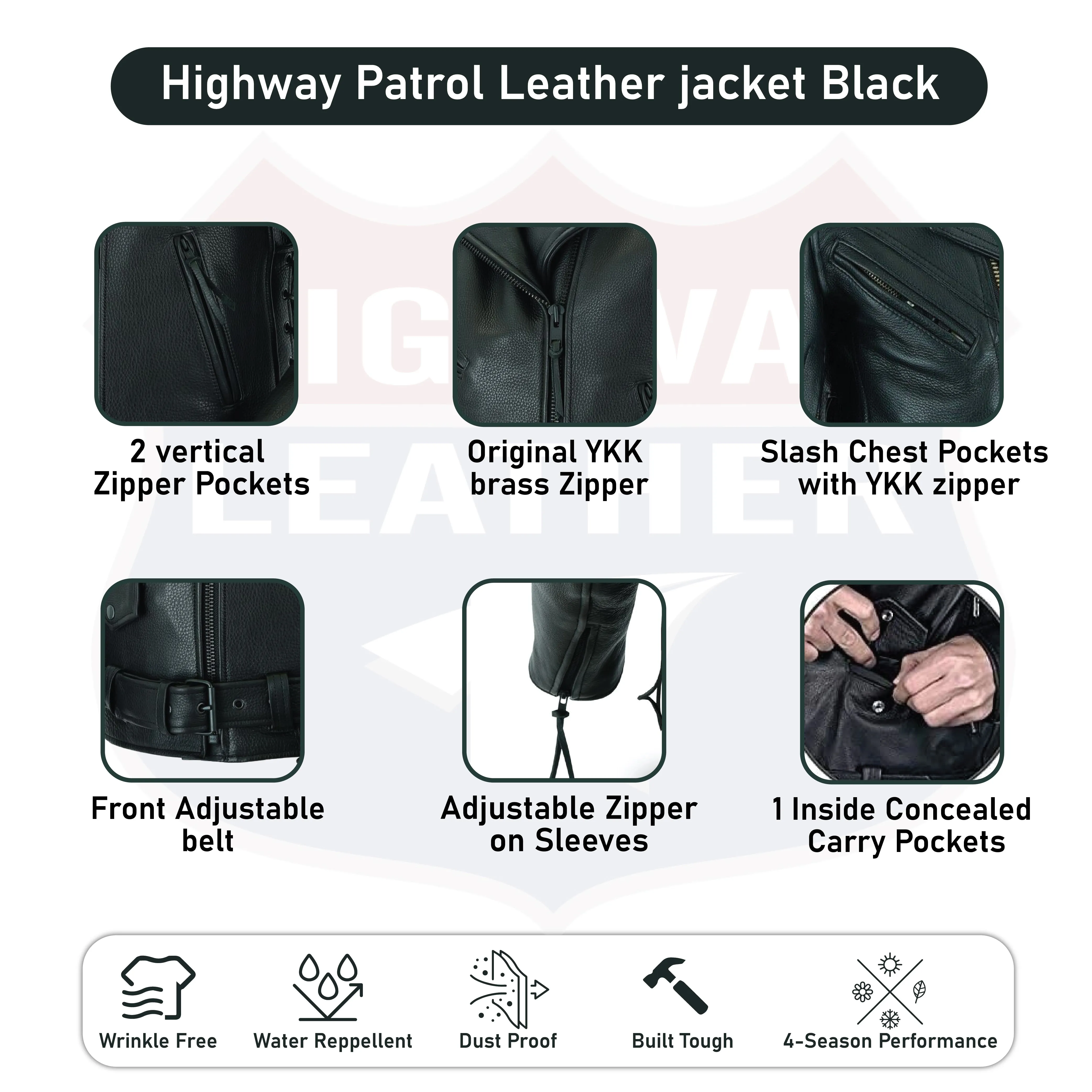 HL10888NKD Authentic Highway Patrol Leather Jacket Black Hardware Kidney Back