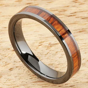 Natural Hawaiian Koa Wood Inlaid High Tech Black Ceramic Wedding Ring Flat 4mm Hawaiian Ring