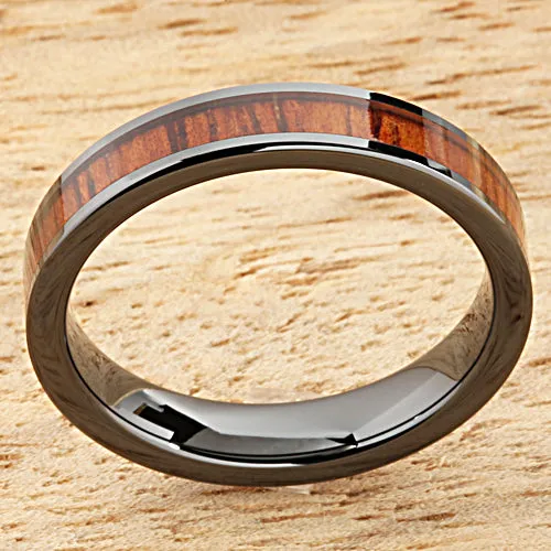 Natural Hawaiian Koa Wood Inlaid High Tech Black Ceramic Wedding Ring Flat 4mm Hawaiian Ring