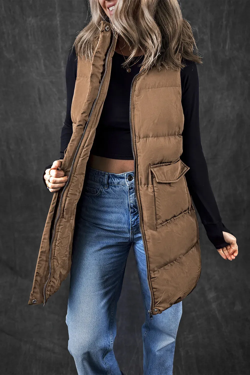 Pocketed Zip Up Vest Coat - 2 Colors