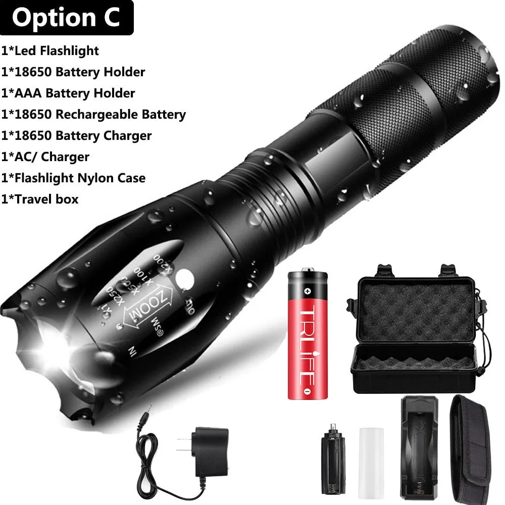 Ultra Bright V6 LED Flashlight 5 Lighting Modes Zoomable Powerful Light with 18650 Rechargeable Battery