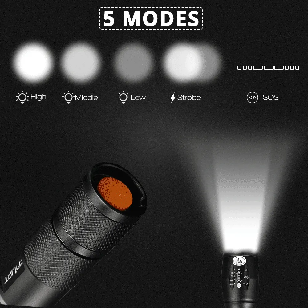 Ultra Bright V6 LED Flashlight 5 Lighting Modes Zoomable Powerful Light with 18650 Rechargeable Battery