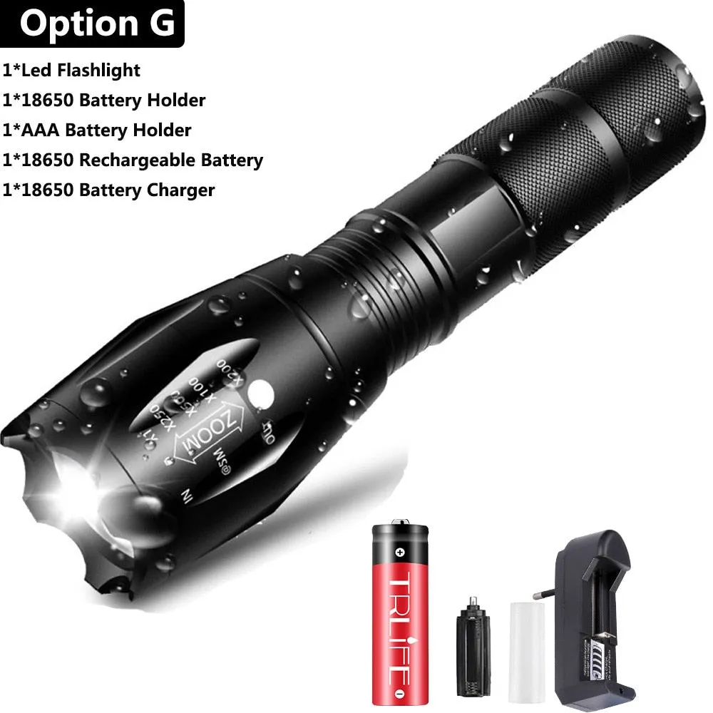 Ultra Bright V6 LED Flashlight 5 Lighting Modes Zoomable Powerful Light with 18650 Rechargeable Battery