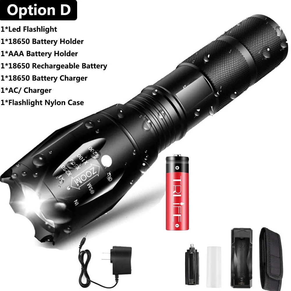 Ultra Bright V6 LED Flashlight 5 Lighting Modes Zoomable Powerful Light with 18650 Rechargeable Battery