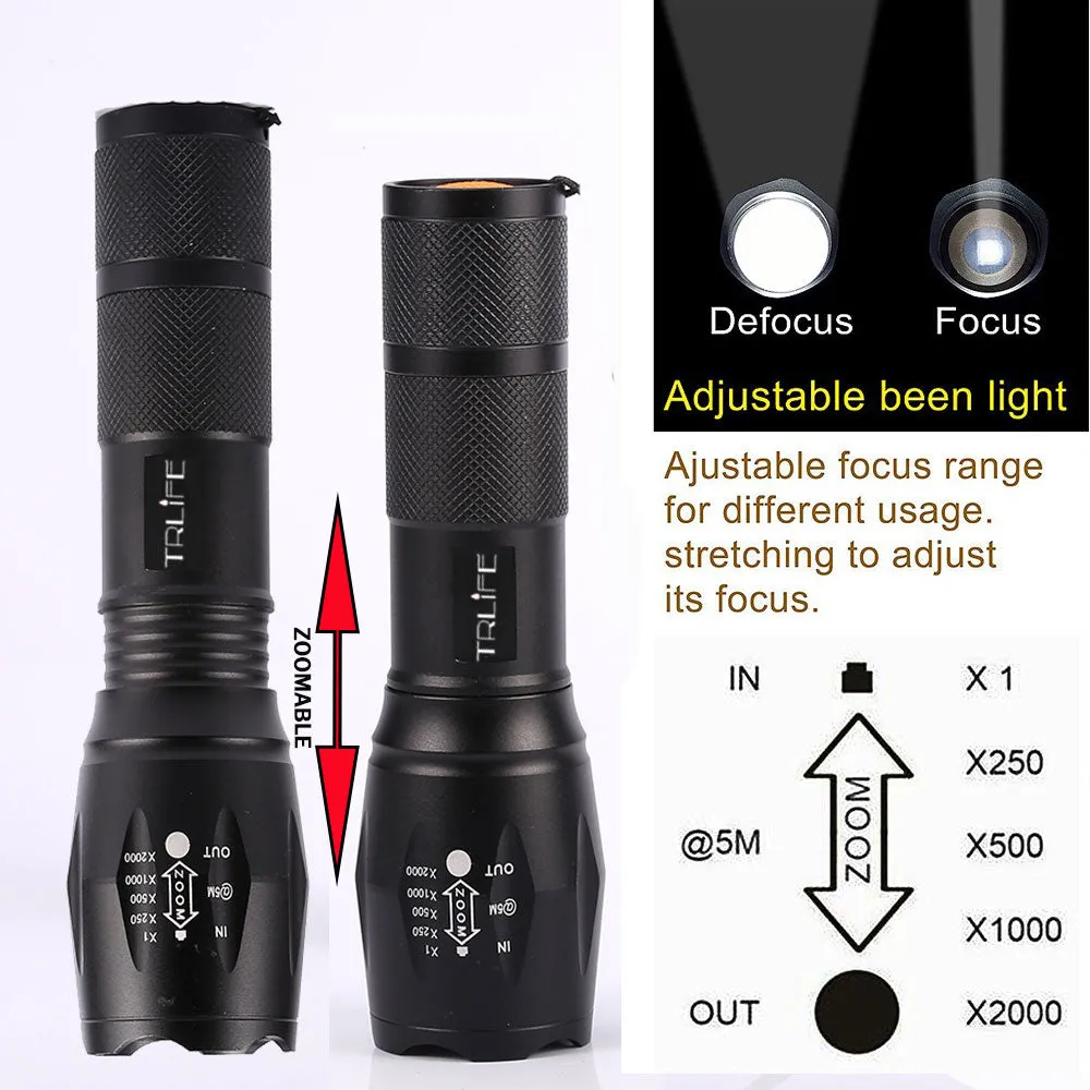 Ultra Bright V6 LED Flashlight 5 Lighting Modes Zoomable Powerful Light with 18650 Rechargeable Battery